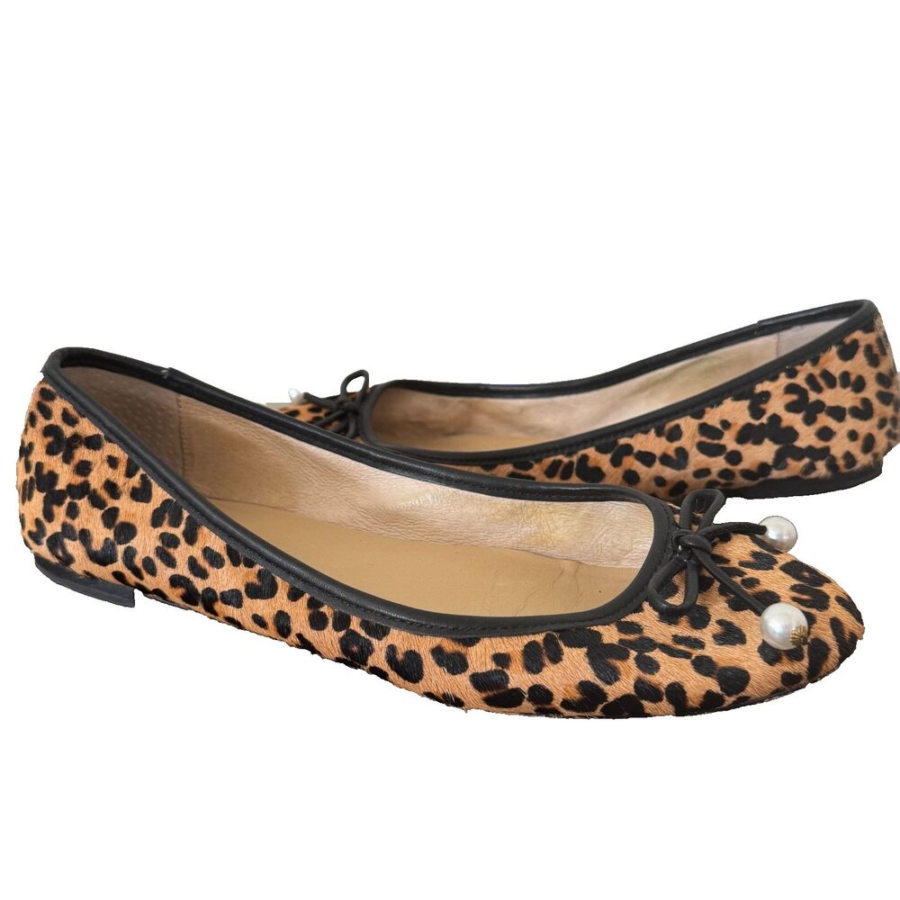 Kate Spade Leopard Ballet Flats Pearl Bow Calf Hair Shoes Women’s Size 9